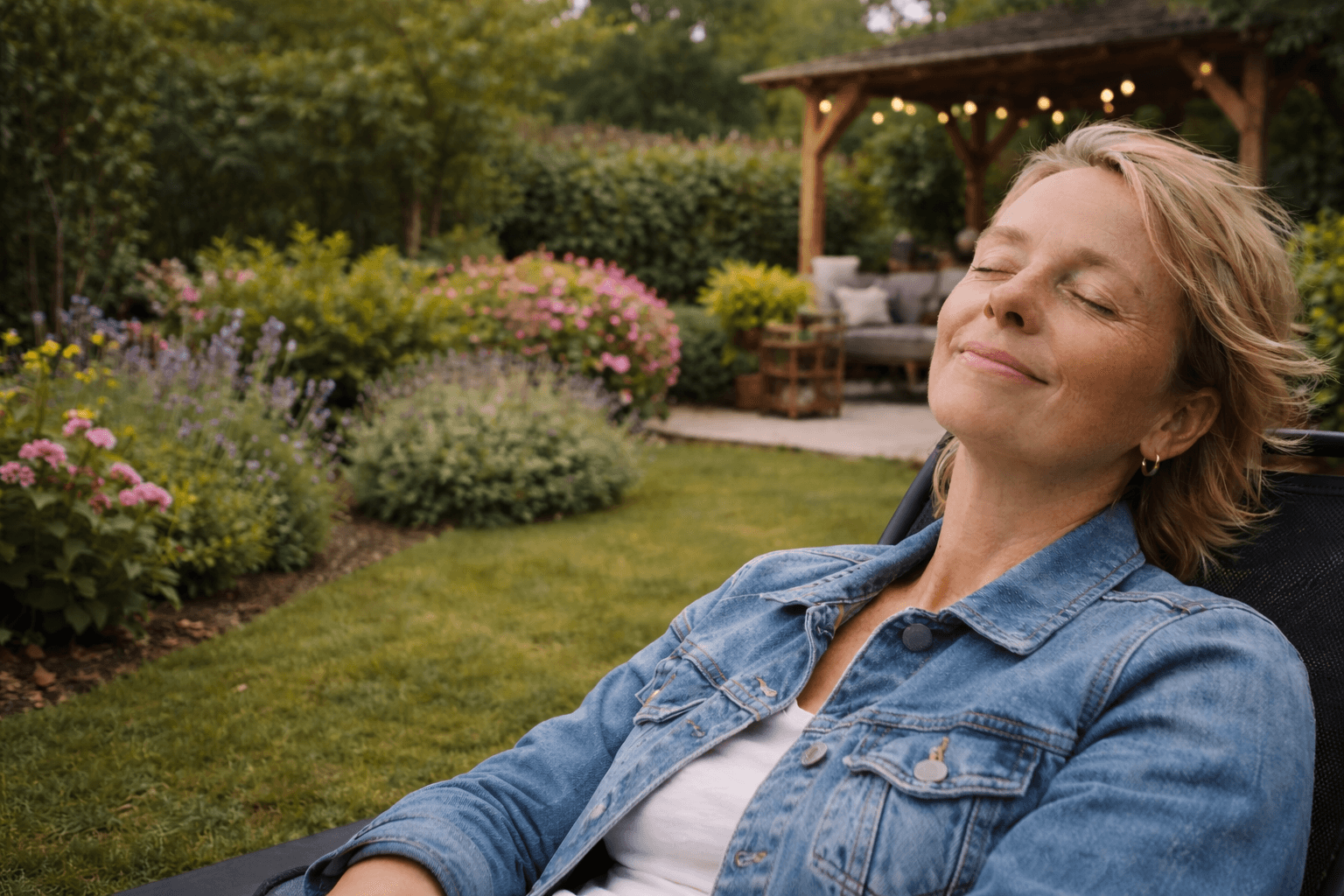 Vrouw geniet zorgeloos in de tuin